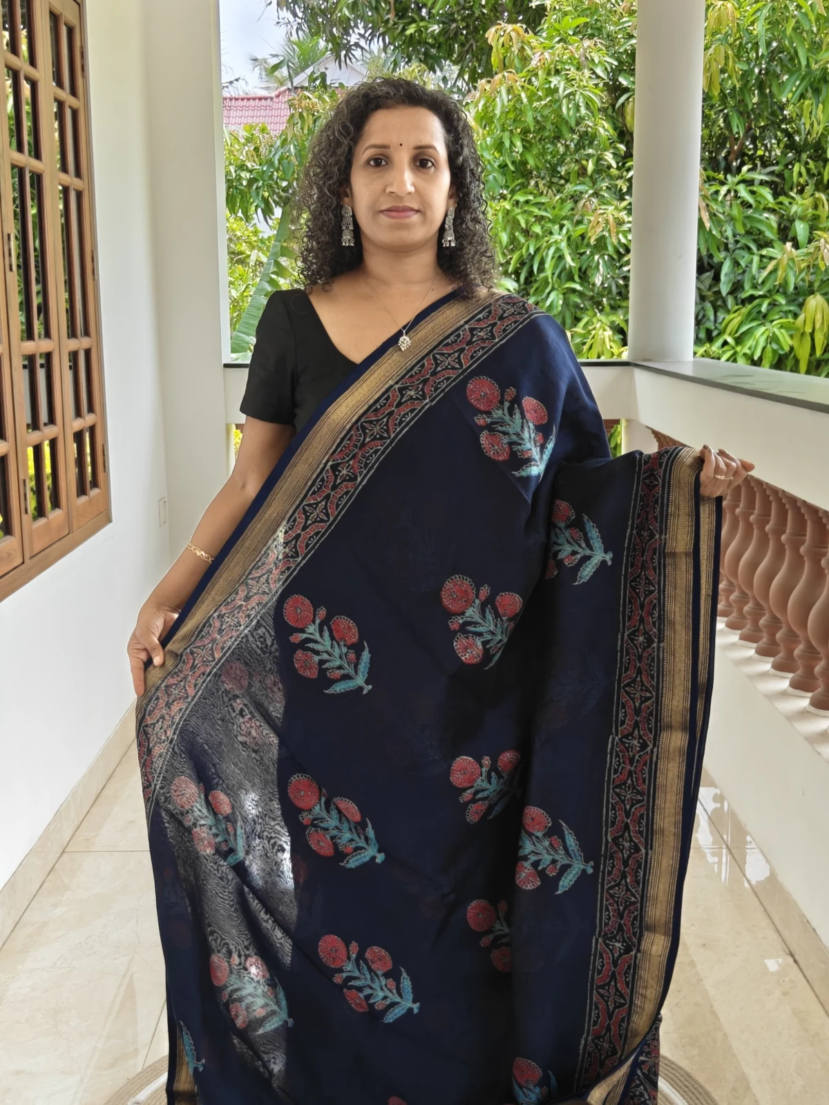 Maheswari Silk Saree Navy Blue with Floral prints and Gold Zari Border